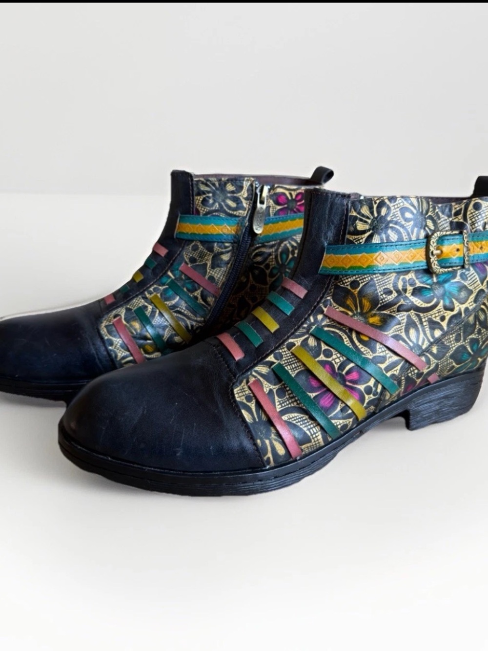 Socofy Women Artsy Leather Ankle Boots Multicolor Boho Chic Hippie Booties US 11